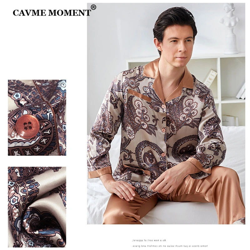 

CAVME Pure Silk Pajama Sets Men 2 Pieces Full Pants Sleepwear Homewear for Homme Luxury Gift for Father PLUS SIZE