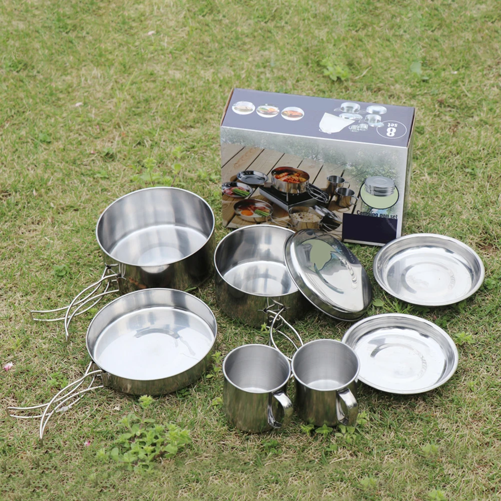 

8pcs Outdoor Folding Handle Cup Backpacking Portable Camping Cookware Set BBQ One Person Pans Pots Stainless Steel Hiking Picnic