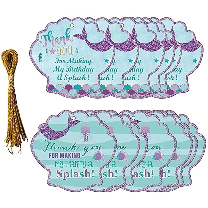 

24PCS Shell Shape Paper Mermaid Hanging Thank You Tag Card Birthday Party Thank You Kids Hanging Tag Card