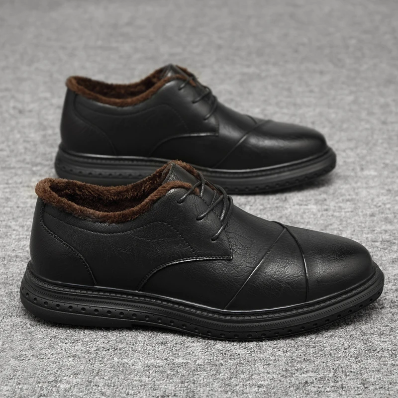 

Mens Shoes Autumn Winter Leather Shoes Men Business Casual Office Formal Warm Snow Shoes Man Comfortable Lace-up Solid Oxfords