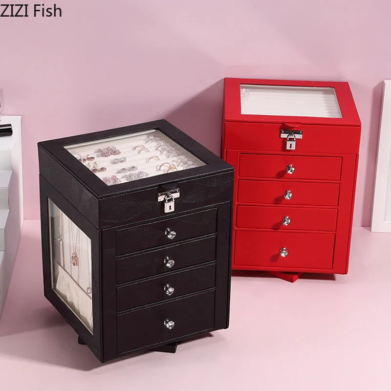 

Пятислойная вращающаяся коробка для хранения с замком, кожаная коробка для макияжа, органайзер для браслетов, ювелирных изделий, подвесная ...