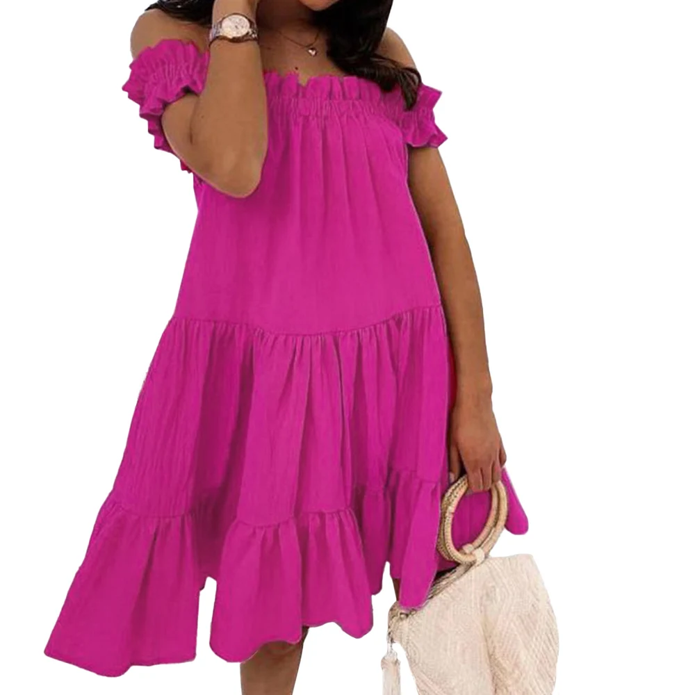 

Women Ruffles Mini Dress Slash Neck Pleated Party Dress Off The Shoulder Loose Dresses Casual Solid Summer Beach Vestidos D30