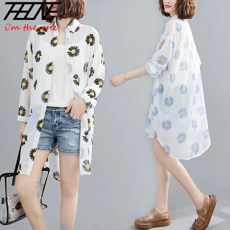

THHONE размера плюс Blusas Женская Солнцезащитная Одежда Женская куртка в Корейском стиле шифоновый кардиган рубашка свободного покроя Blusas Mujer De ...