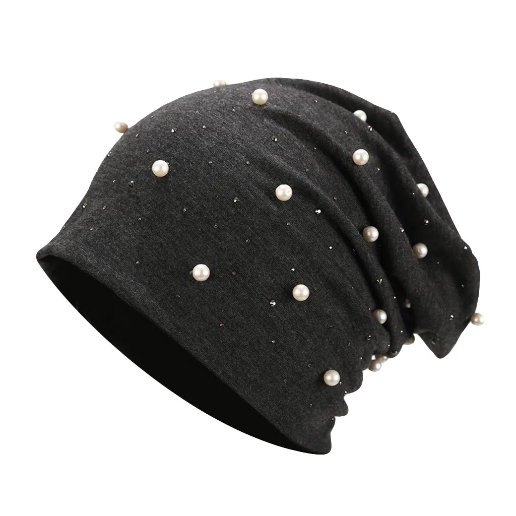 

Women Hedging Cap Pure Color Wrap Head Hat Stretch Headgear Pearl Head Scarf Cap Winter Cotton Blend Keep Warm Women Hats 2020