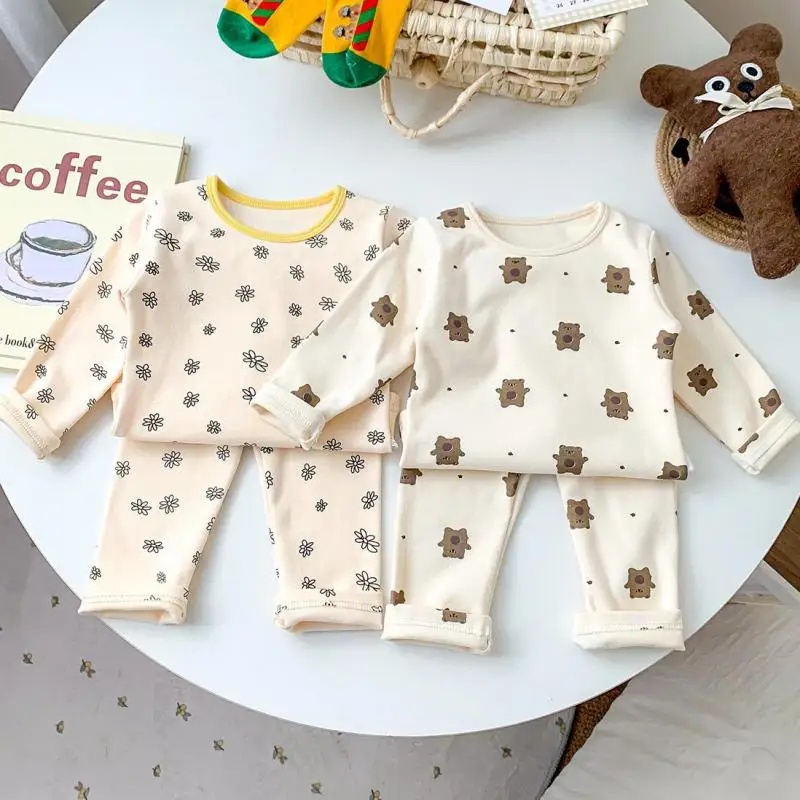 

Toddler Kids Cotton Clothes Infant Boy Cartoon Bear Print Pajamas Set Baby Girls Floral T-shirt Pullover Tops + Pants Suit 2pcs