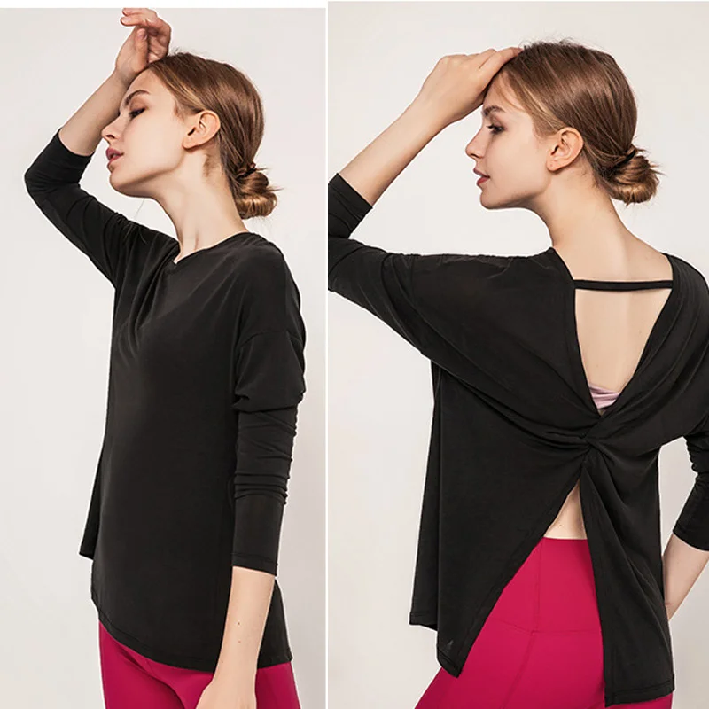 Black Long Sleeve Women Yoga Tops Open Back Running Clothes Pilates Loose Workout Sportswear Quick Dry Dance Shirts for Gym Fitness - Цвет: Black