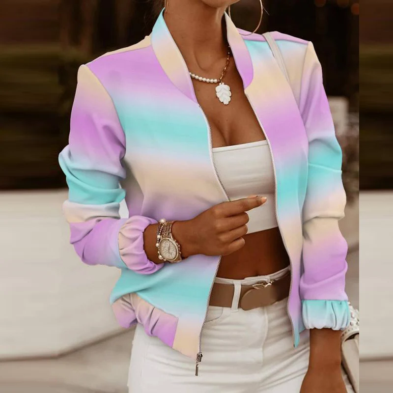 Женский жакет на молнии с винтажным принтом воротником-стойкой и длинным рукавом