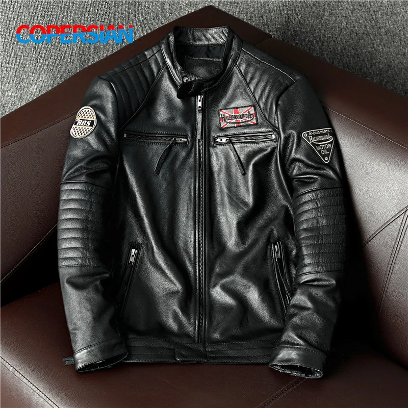 Free Shipping! Top Layer Cowhide Leather Coat Multi Logo Embroidery Slim Fit Autumn and Winter New Men's Jacket