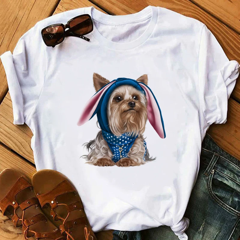 

2020 Little Yorkshire Terrier Dog T Shirt Women Summer Tops Lovely Angel Youkshire Print Girls Tee Animal Female T-shirt
