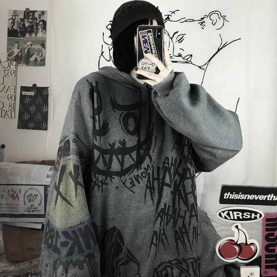 

Autumn and winter Korean style hooded pullover Harajuku style dark graffiti print loose plus velvet padded top