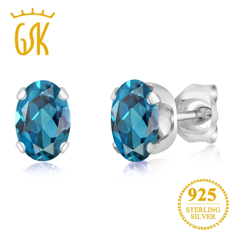 GemStoneKing 1,10 Ct 6X4 Овальный Форма Природные Лондон топаз Драгоценный Камень Стад Серьги 925 пробы серебряные ювелирные изделия для Для женщин