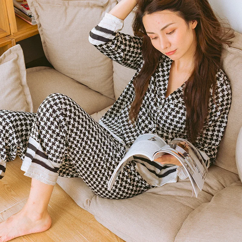 

Print Houndstooth Pajamas Suit Women Sleepwear Spring New SATIN Nightwear Intimate Lingerie Black Sleep Set Casual Home Clothing