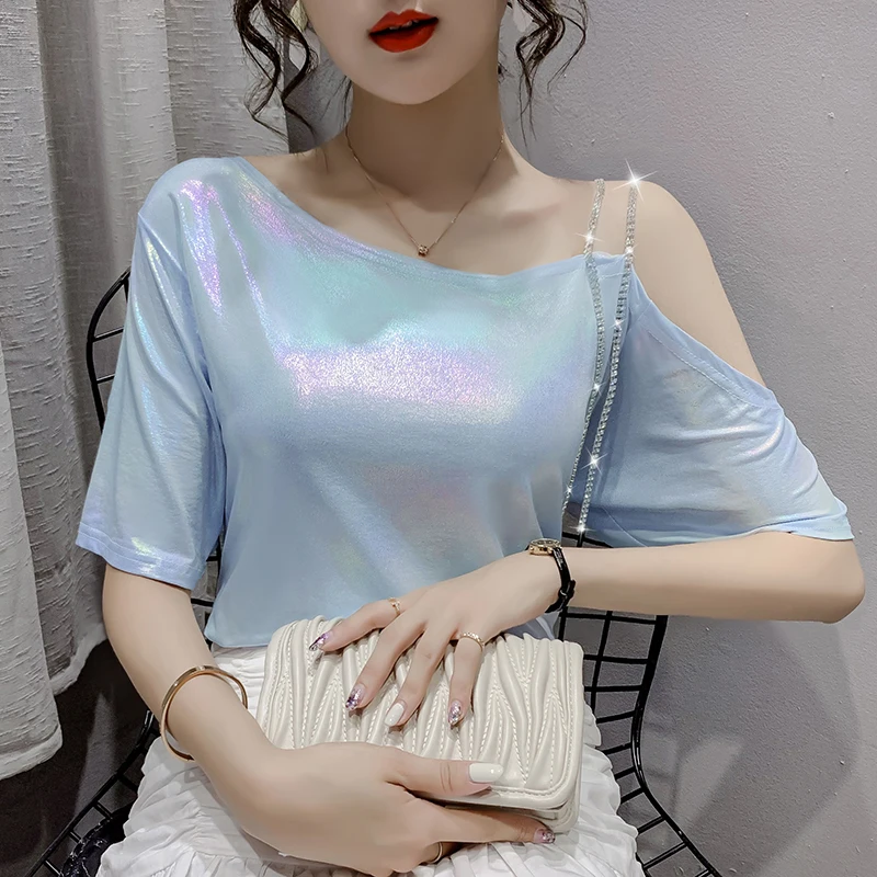 

2021 Cotton Fashion Women's T-shirt Summer Embroidery Elegant Casual Tee Puff Sleeve Plus Size Sexy Crop Top Basic Female Tshirt