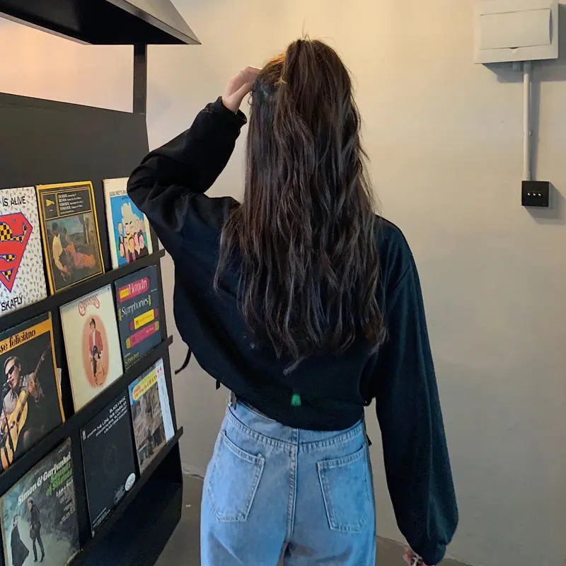 

Long Sleeve T-shirts Women Crop Top Solid Black Loose Korean Style Sexy Lace-up All-match Ins Chic New Fashion Ulzzang Casual