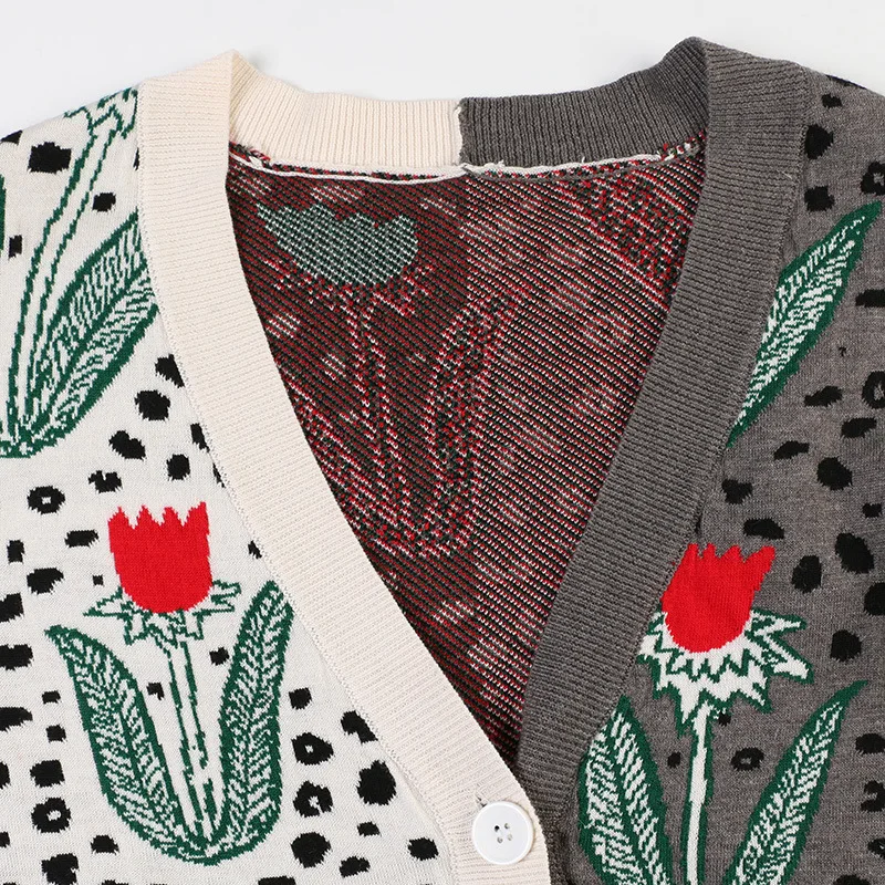 Свитер женский с цветочным принтом V образным вырезом| |