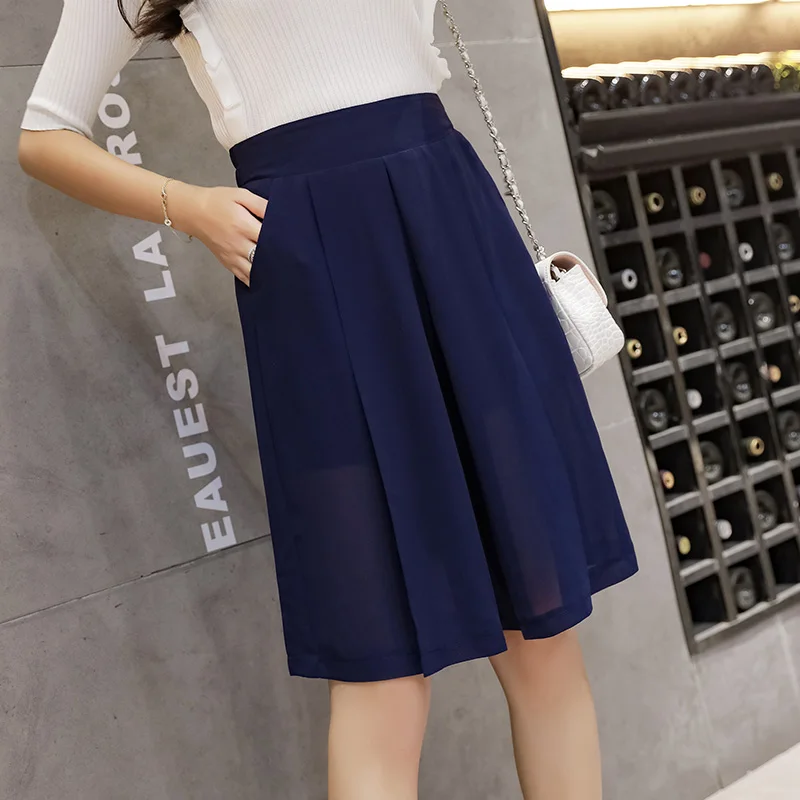 

2020 summer chiffon short pants loose black/blue wide-legged trousers knee-length elastic waist women fashion capris pants
