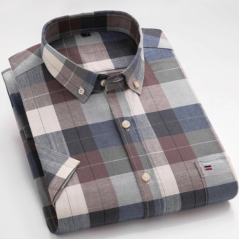 Summer 100% Cotton Oxford Shirt Mens Short Sleeve Pocket Soft Comfortable Regular Fit Business Casual Purple Dress Shirts Men