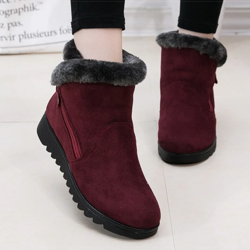 Женские ботильоны на танкетке теплые меховые ботинки низком каблуке зимняя