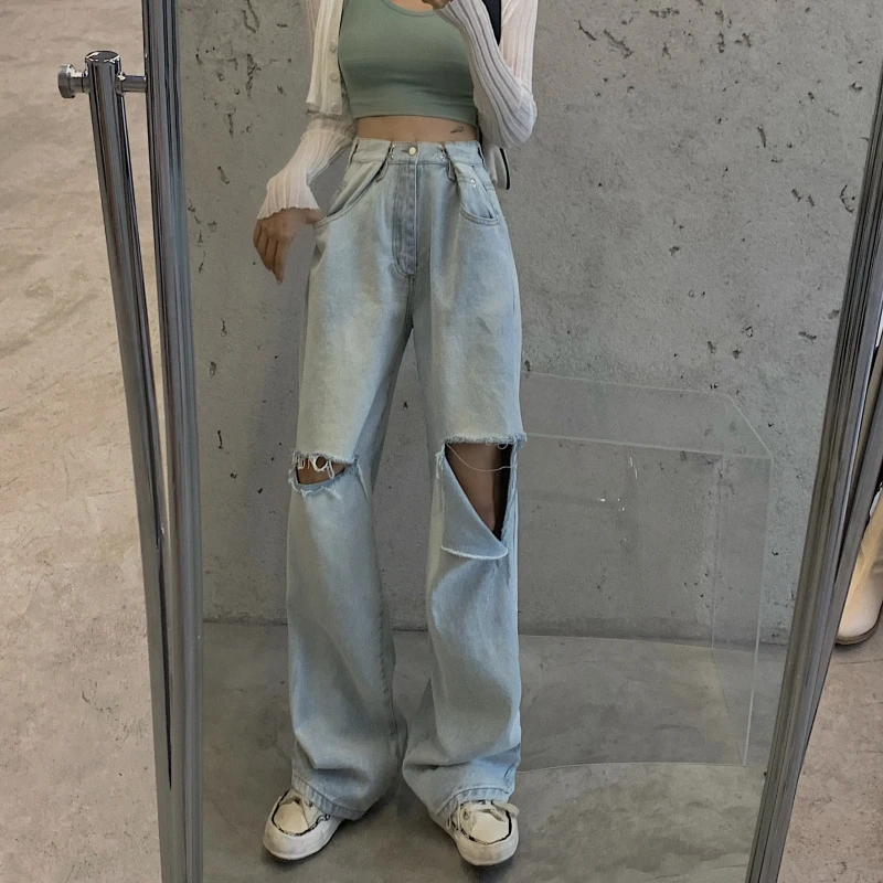 

Свободные женские Джинсы бойфренда с высокой талией, прямые брюки с дырками Y2k Harajuku 90s свободного размера плюс, женские корейские уличные дж...