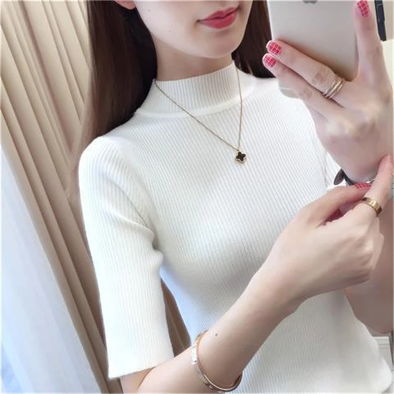 

Fashion Solid Color O-Neck Half Sleeve Knitted Top Women Summer Elastic Skinny Pullover Tops Korean style Slim Women Clothing