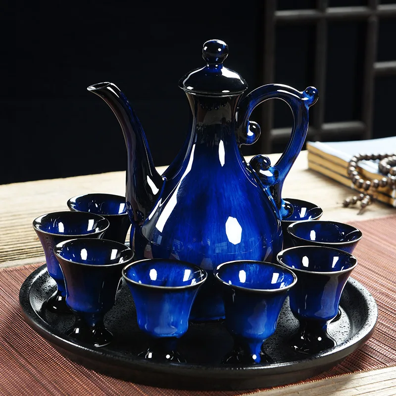 

Celadon wine set, wholesale, ceramic, household wine Baijiu, antique wine pot, high foot wine cup, wine plate.