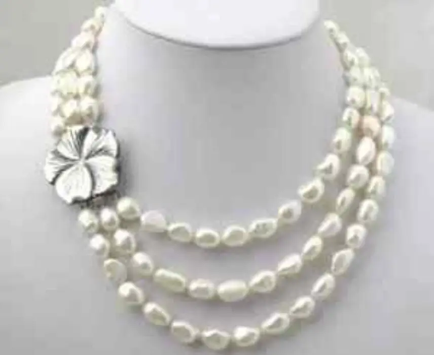 

3 Rows Potato Freshwater Pearl Necklace Choker 17"-19"AAA+006