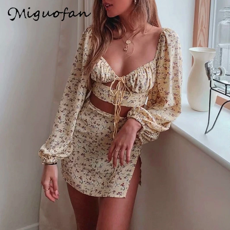 Женская блузка в стиле бохо Miguofan короткая с цветочным принтом и длинным рукавом