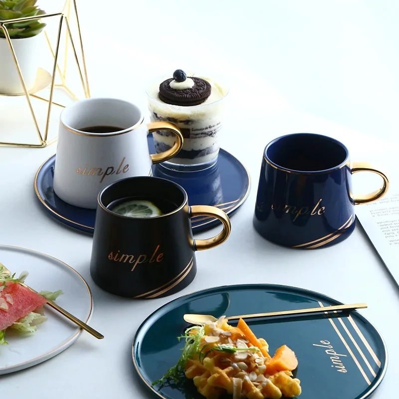 

European style light luxury gold painted coffee cup and saucer creative household milk cup logo custom ceramic cup set