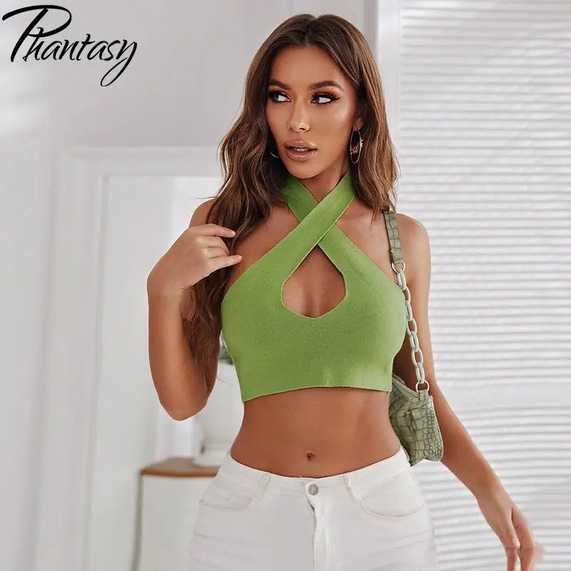 

Phantasy Fashion Cross Halter Vest 2021 Summer New Sexy Backless Hollow Tank Tops Solid Color Slim Short Sleeveless Top Women