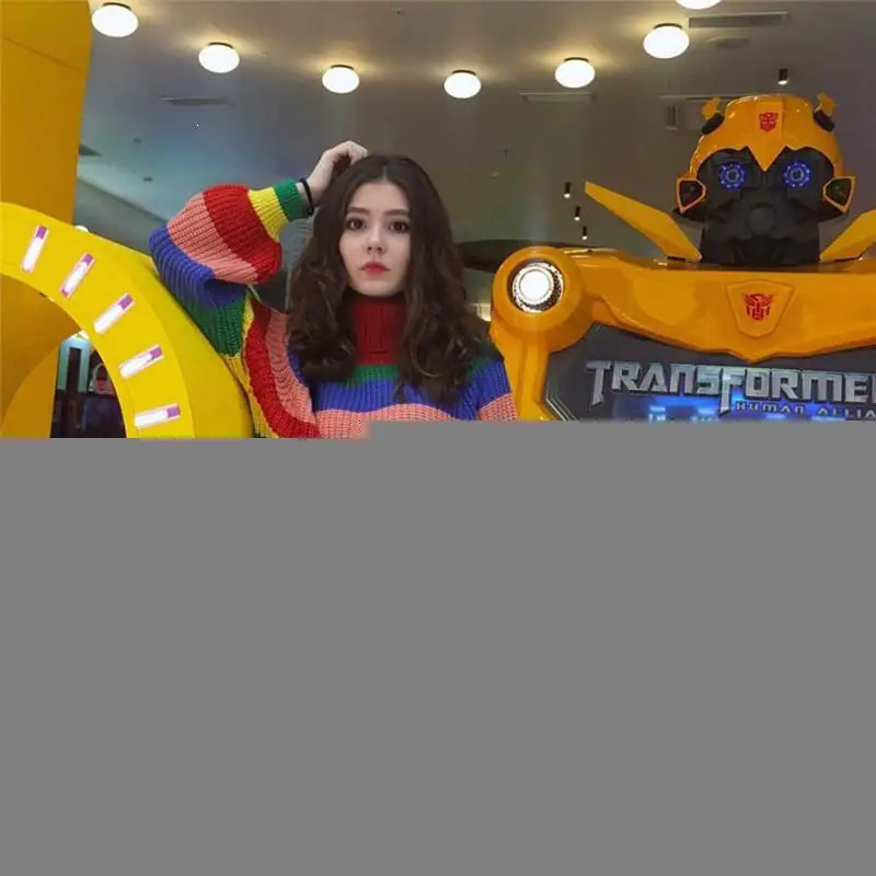 Женский зимний Радужный полосатый свитер с высоким воротом большие размеры