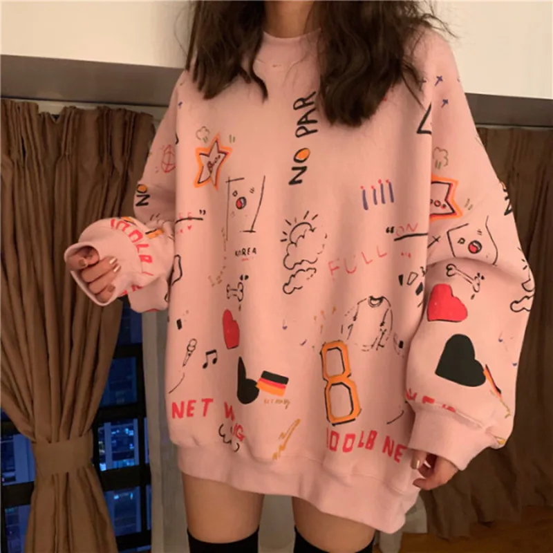 

Women's Hoodies Oversize Graffiti Female Top Sweatshirts 2020 Autumn Hip Hop Pullover Streetwear Loose Hoodies Women
