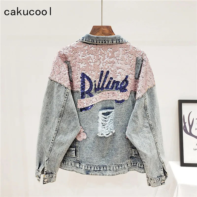 Cakucool Spring Autumn Women Harajuku Holes Ripped Denim Jacket Coat Pink Sequined Bling  Jean Jackets Student Basic Coat Outfit