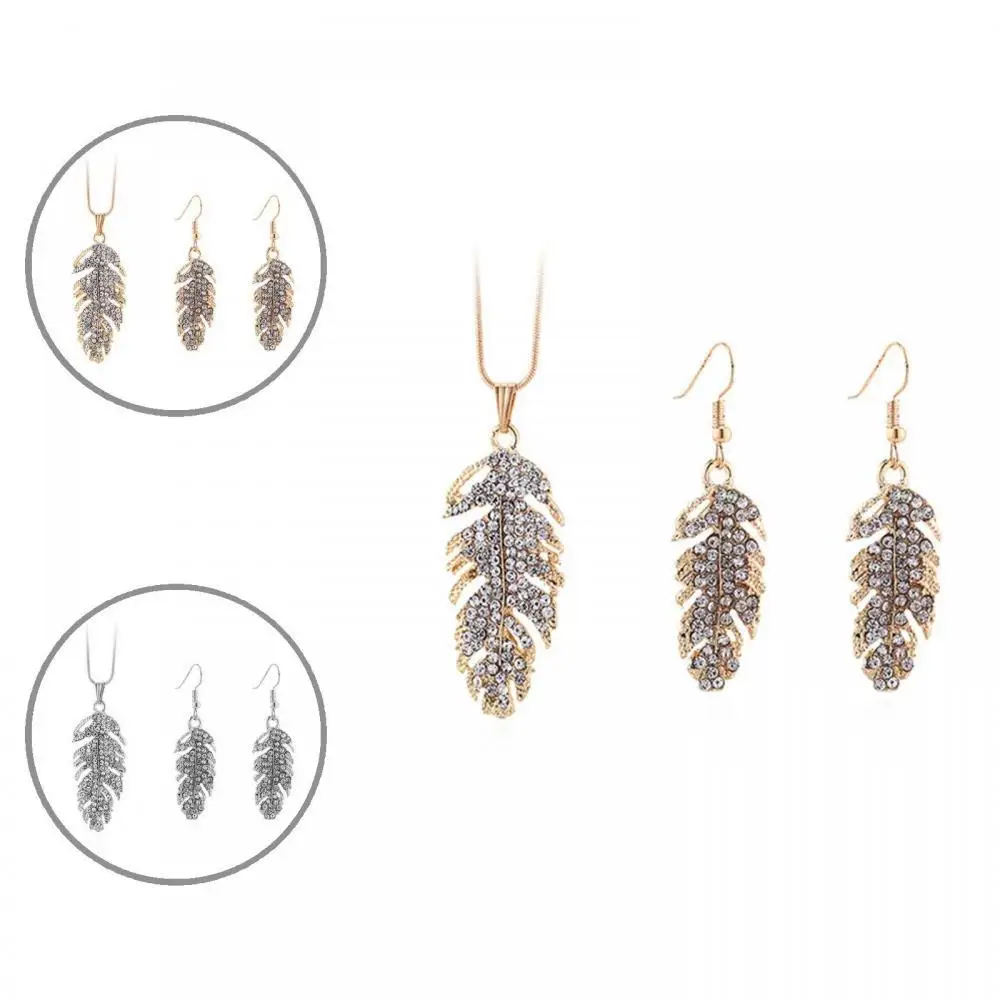 

Women Rhinestone Inlaid Long Leaf Pendant Necklace Hook Earrings Jewelry Set