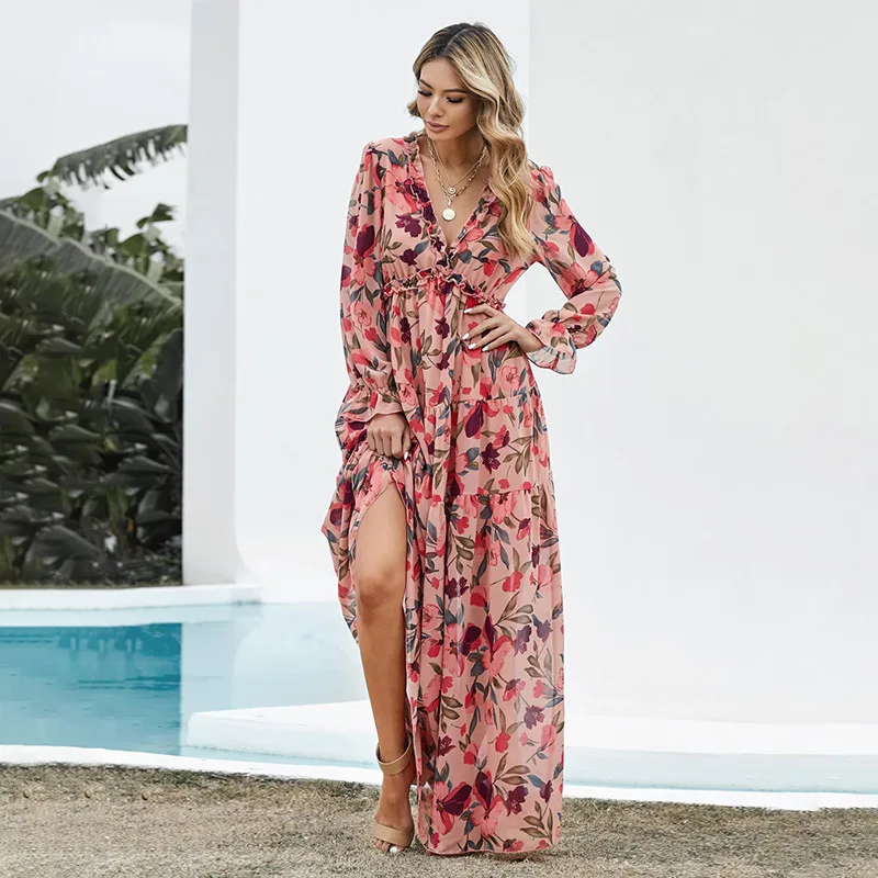 

Dresses Summer 2021 Ladies Flounced Edge Beach Dress Woman Long Sleeve Casual Women's Dresses Boho Floral Dress Elegant Split
