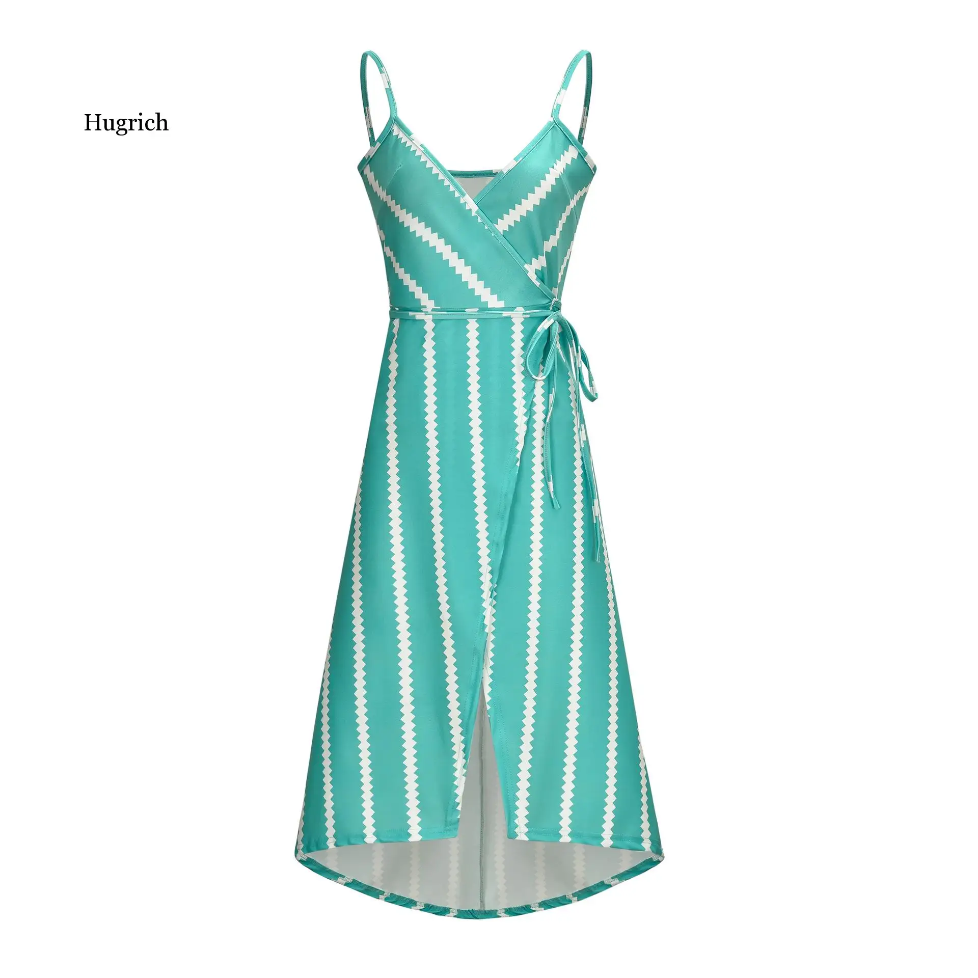 

Асимметричное женское платье с модным принтом в полоску с лямкой на шее