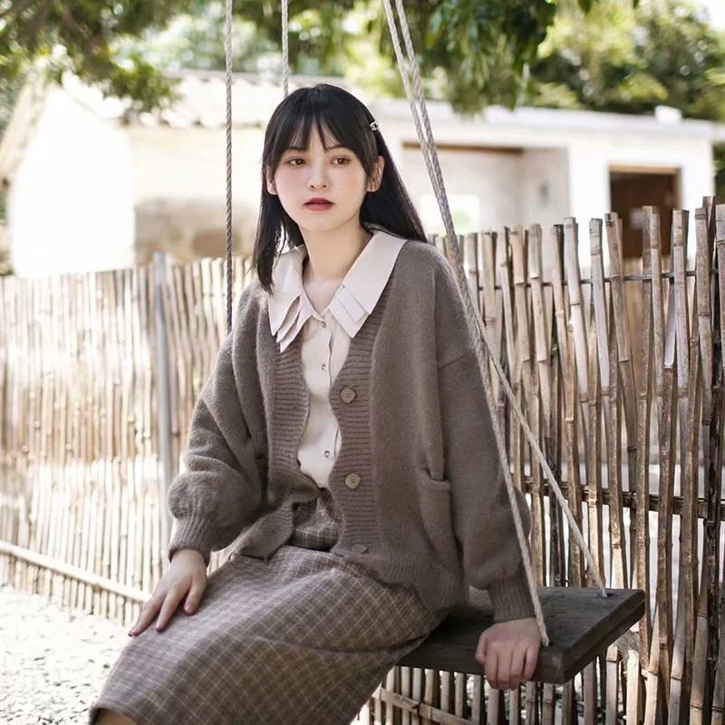 

Женский вязаный кардиган с длинным рукавом, однотонный теплый мягкий джемпер с V-образным вырезом и карманами, пальто в Корейском стиле, зим...