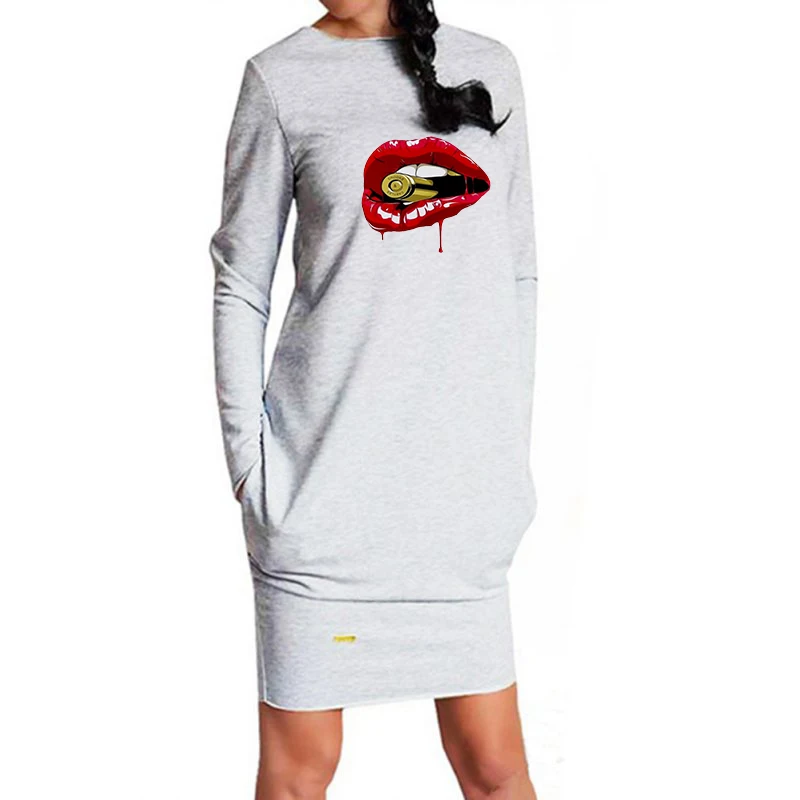 Осеннее женское платье большого размера с принтом губ облегающие платья
