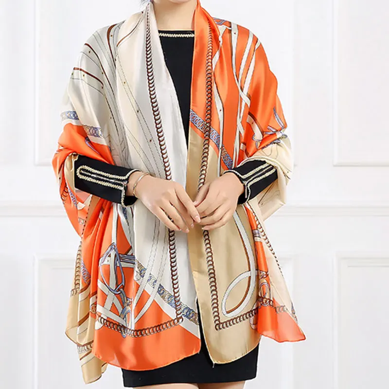 

Green Peacock Feather Print Elegant Print Scarves Silk Scarf Large Hijab Scarves Sunscreen Shawl Fashion Satin Scarves Shawls