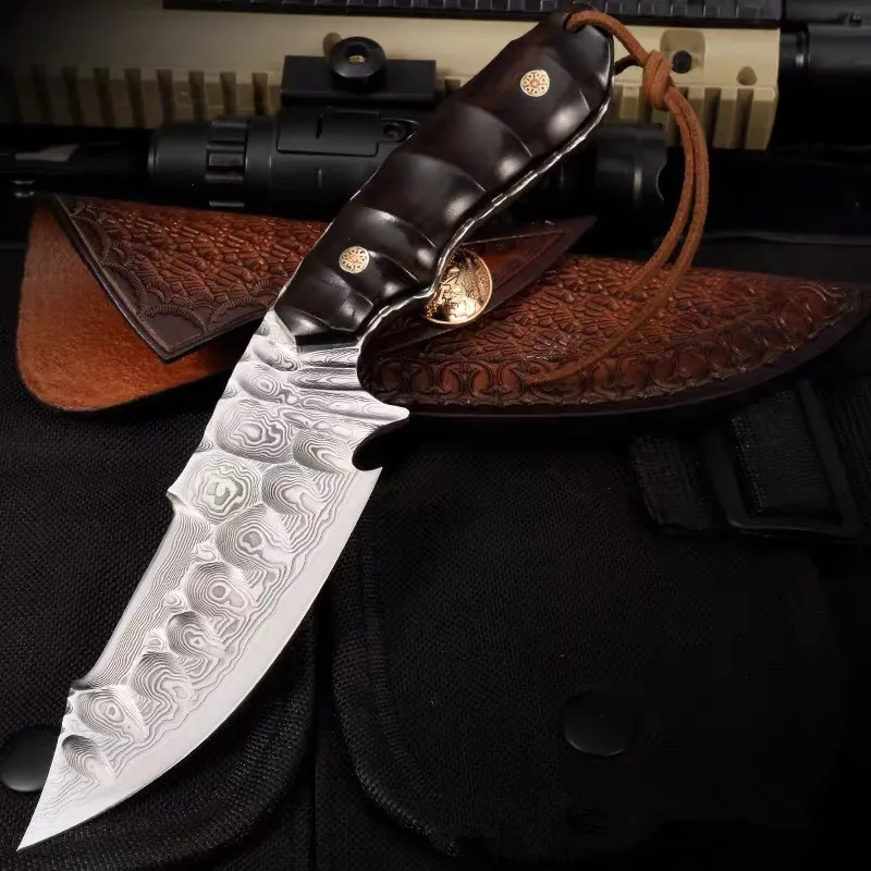 Классический охотничий нож из дамасской стали с прямым фиксированным лезвием