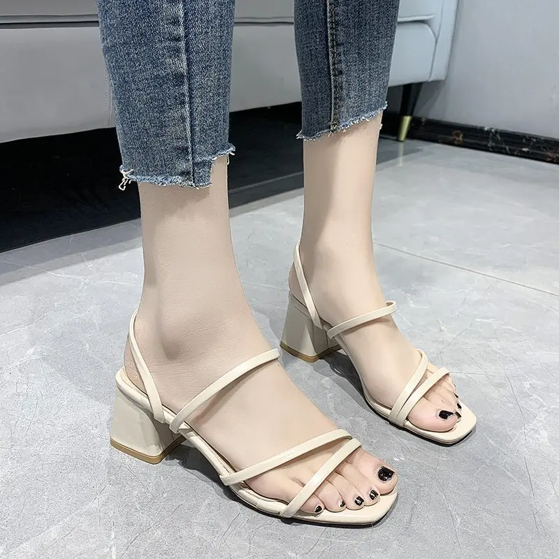 

2021 New Women Slippers Square Toe Khaki Sandal Summer Shoes Woman Black Slides Slipper Female High Heel Beige Vintage Sandels
