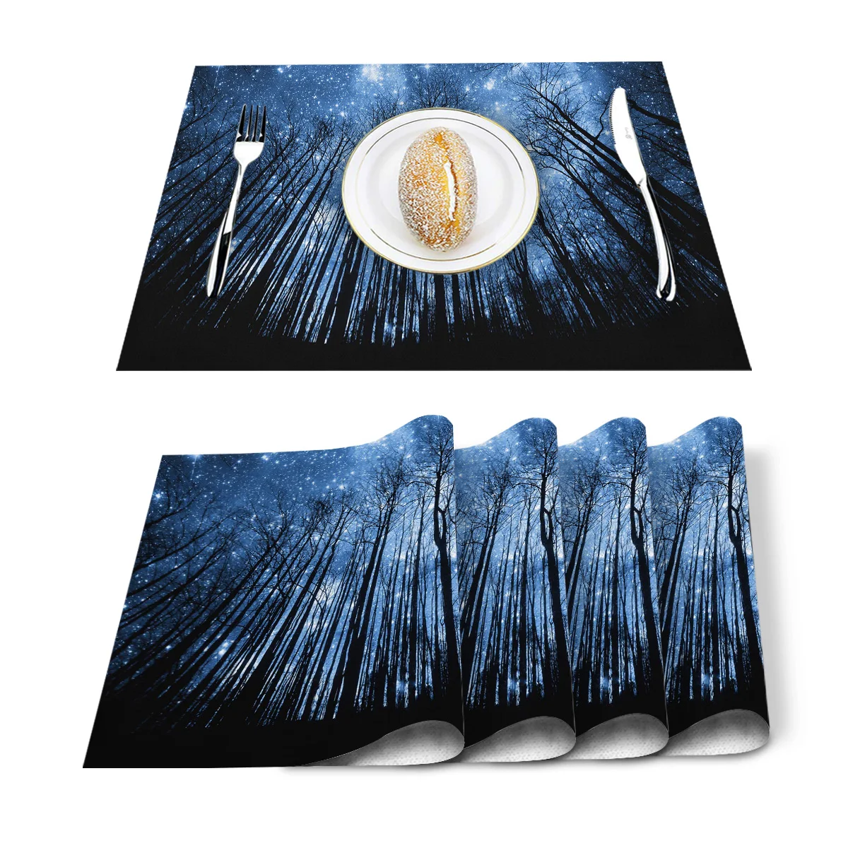 Белый коврик для обеденного стола с изображением звезд леса неба черной Луны