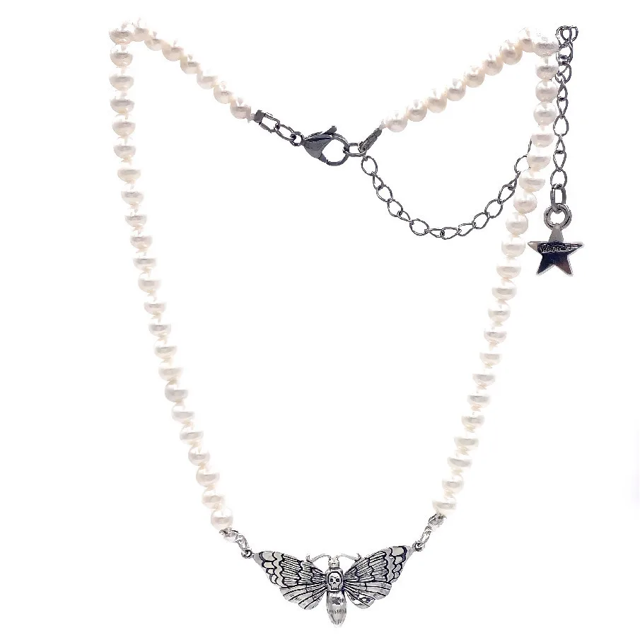 

2021 New Fashion Women Men Punk Death's Moths Pendant Glass Pearls Chian Necklace Fashion Gothic Moth Pendant Necklace Jewelry