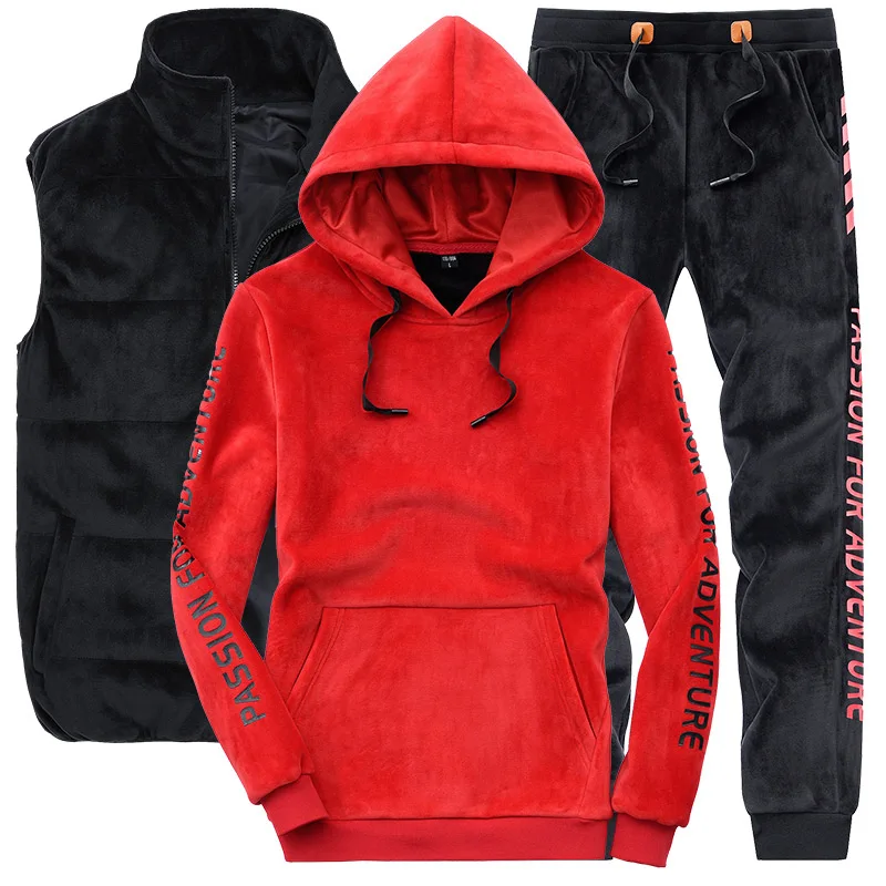 SS-2683ABC-Red Мужской костюм с толстовкой, спортивные брюки, мужские зимние жилеты, высокое качество, пальто из плотной ткани, модный спортивный костюм(толстовка+ штаны+ жилет - Цвет: SS-2683ABC-Red