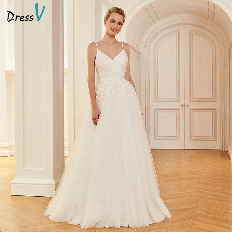 

Dressv ivory elegant spaghetti straps wedding dress a line floor length bridal outdoor&church appliques wedding dresses