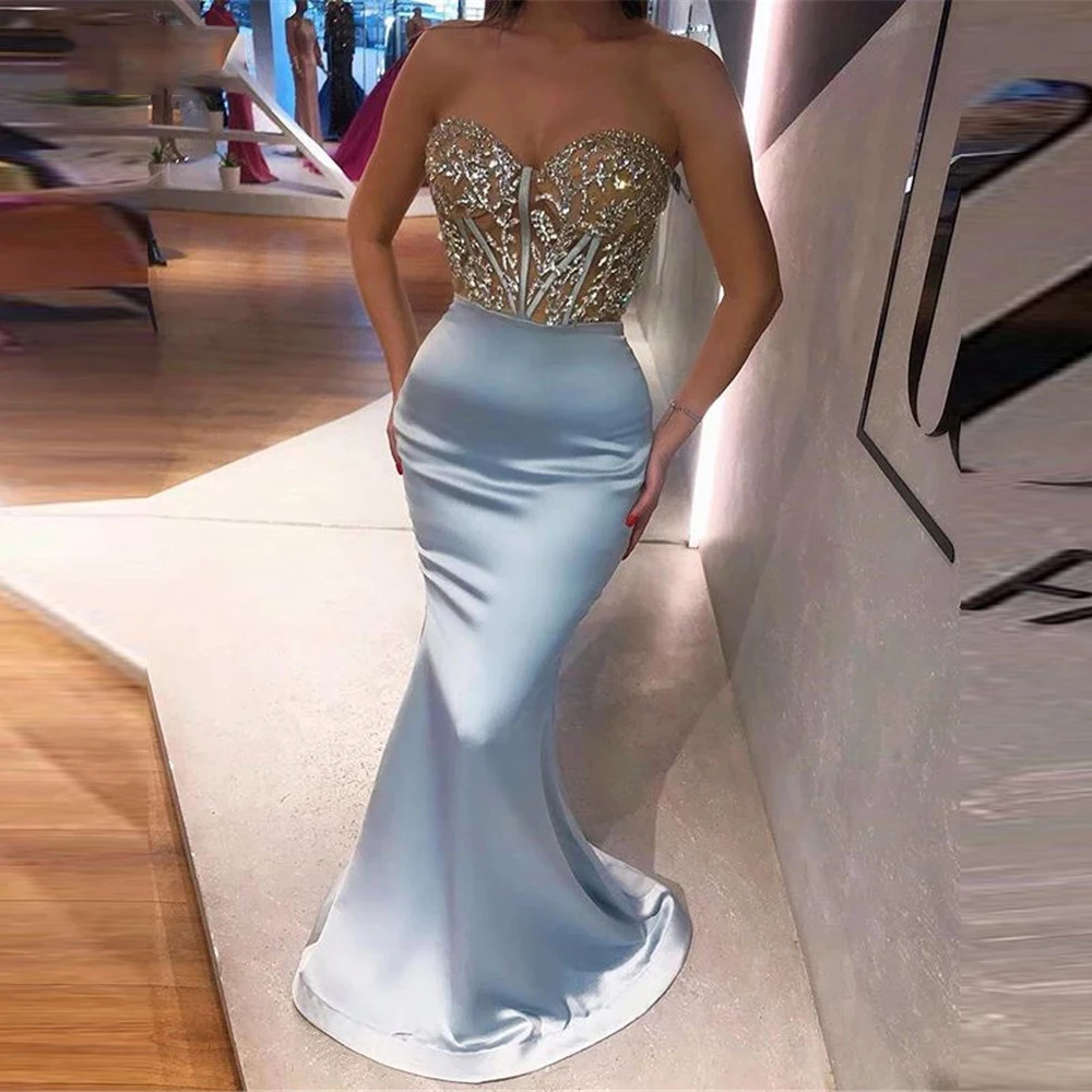 

Charming Prom Dresses Satin Strapless Sleeveless Zipper Beading Crystal Mermaid Gowns Novia Do 2021 Party New