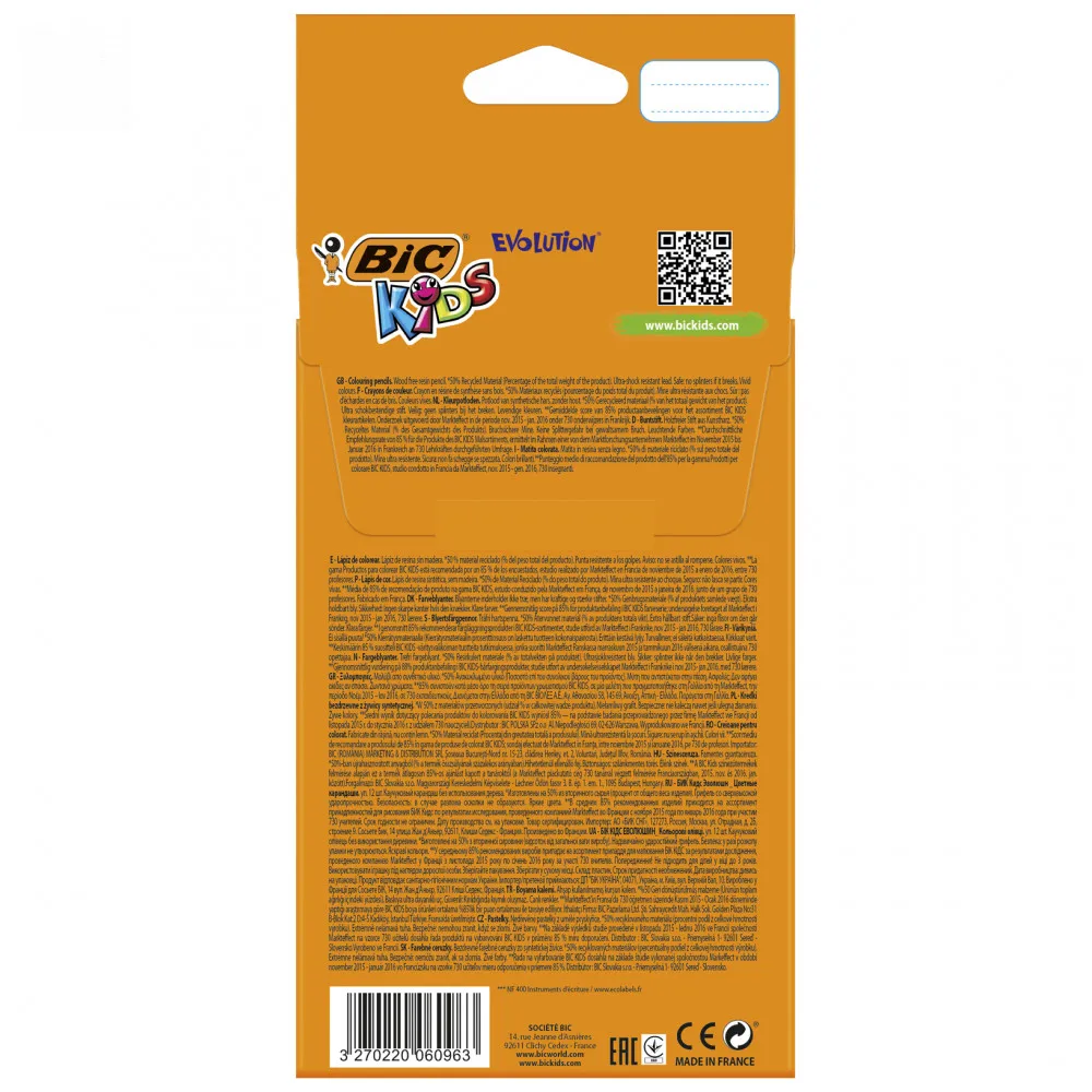 Цветные карандаши 12 цветов детские шестигранные ударопрочные BIC Kids Evolution уп. шт.