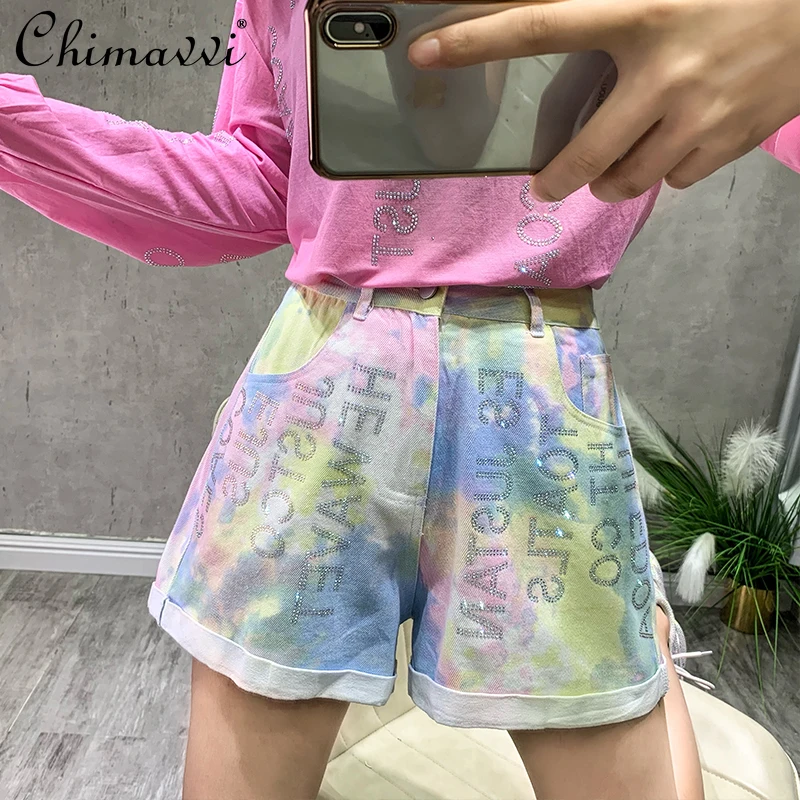

Rainbow Gradient Color Tie Dyed Short Jeans Women's Rhinestone Wide Leg Denim Shorts Lady Summer High Waist A Line Pants