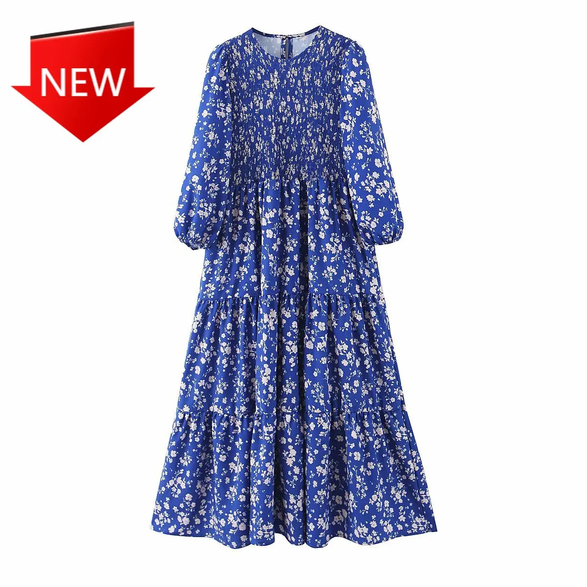 

long sleeve casual wear stylish chic green midi dresses vestidos Vintage chic floral pattern print dress Bust elastic O neck