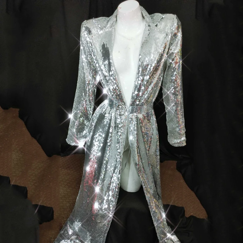 New GOGO Dancer Costume Full Sequin Clothing Silver Jacket Singers Clothes DJ Wear Party Performance Dance Outfit Glitter Coat |