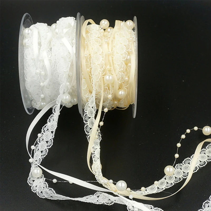

Imitation Pearl Chain Lace Thin Satin Ribbon Birthday Wedding Scene Arrangement Hand Bouquet Decoration Belt